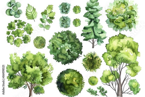 In this watercolor illustration, various green trees, bushes, and shrubs are depicted from a top view, perfect for landscape design plans. The image is isolated on a white background