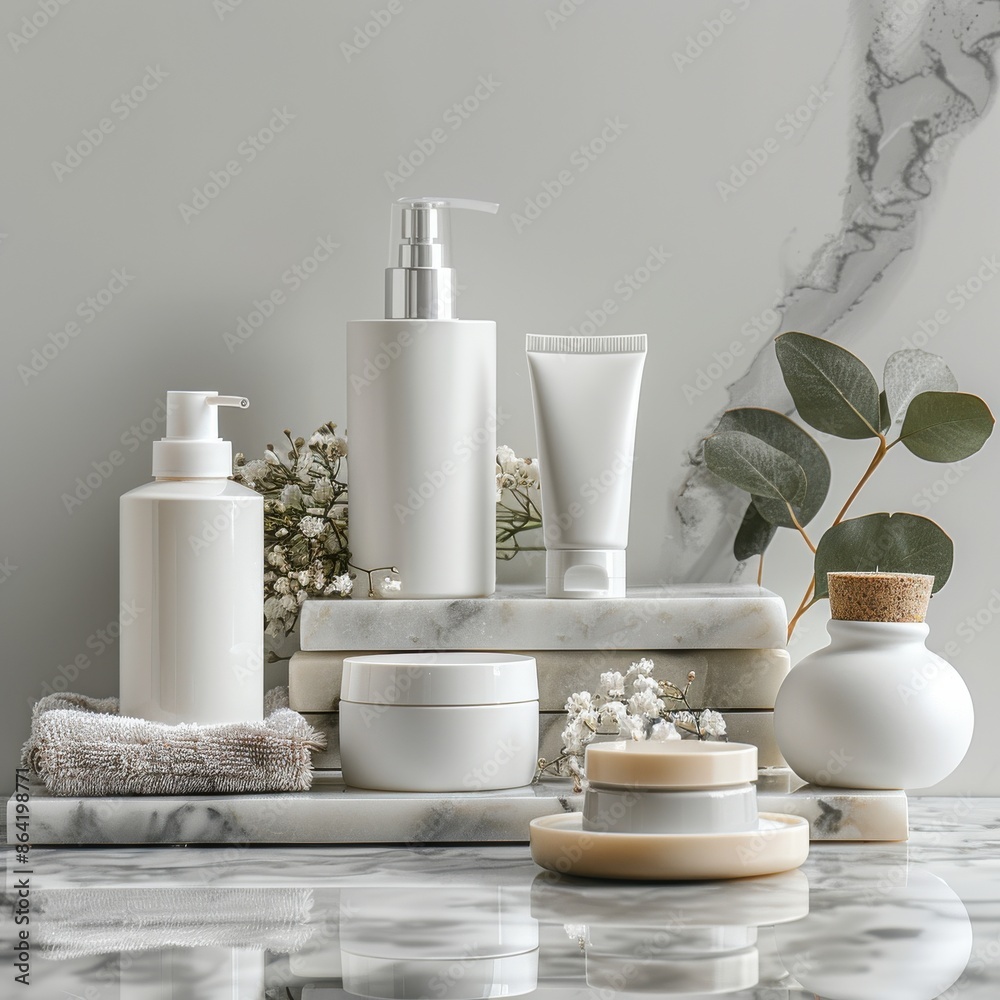 A collection of beauty products, including a bottle of lotion. Cosmetic concept A collection of beauty products, including a bottle of lotion. Cosmetic concept