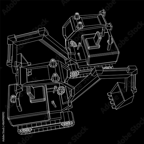 Heavy equipment excavator machine manufacturing power equipment for open pit mining. Wireframe low poly mesh vector illustration