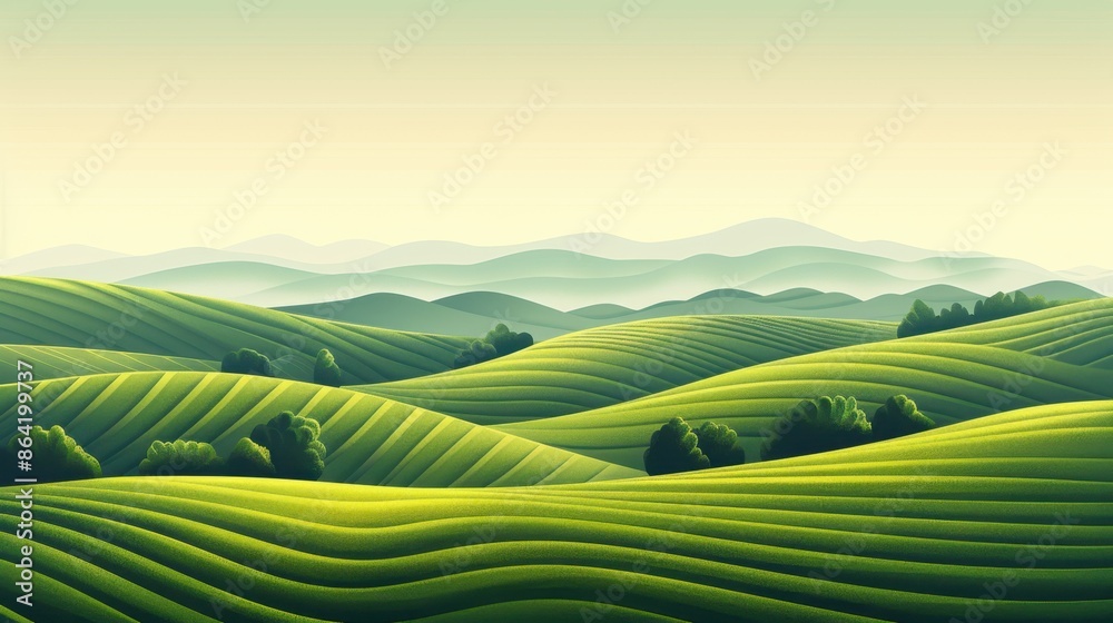 Fototapeta premium A serene landscape of rolling hills and vineyards under a clear sky. Minimalist and peaceful backdrop with shades of green and yellow.