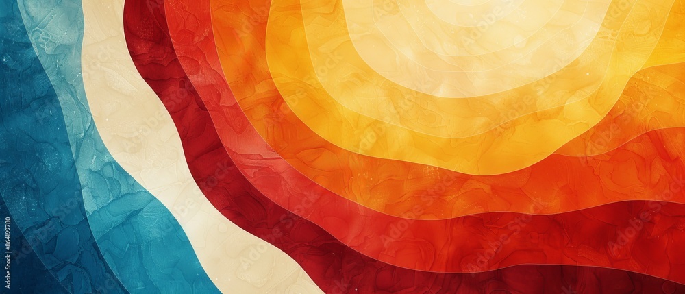 A colorful, abstract painting with a red sun in the center A colorful, abstract painting with a red sun in the center
