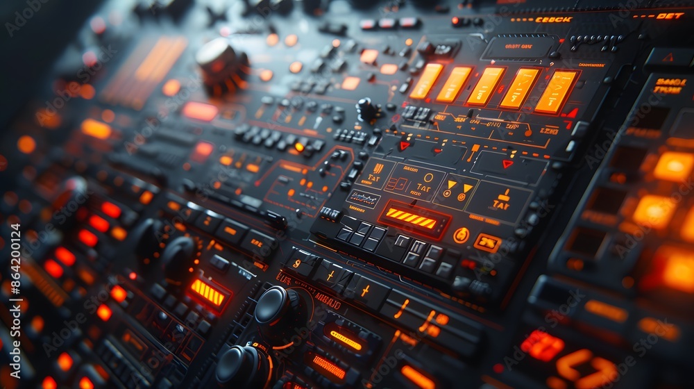 Close-up of a modern music synthesizer interface with glowing buttons and dials, showcasing advanced electronic audio equipment. Close-up of a modern music synthesizer interface with glowing buttons and dials, showcasing advanced electronic audio equipment.