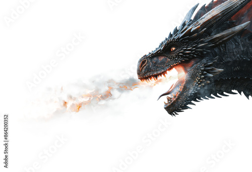 Black dragon breathing fire with smoke and flames photo