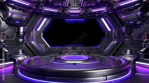 Fototapeta Naklejka Na Ścianę i Meble -  Futuristic sci-fi spacecraft interior with neon lights.