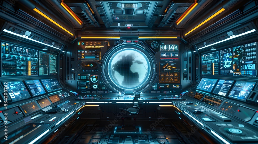 Futuristic spaceship control room with advanced technology screens and a central holographic globe showing a planet, sci-fi concept. Futuristic spaceship control room with advanced technology screens and a central holographic globe showing a planet, sci-fi concept.