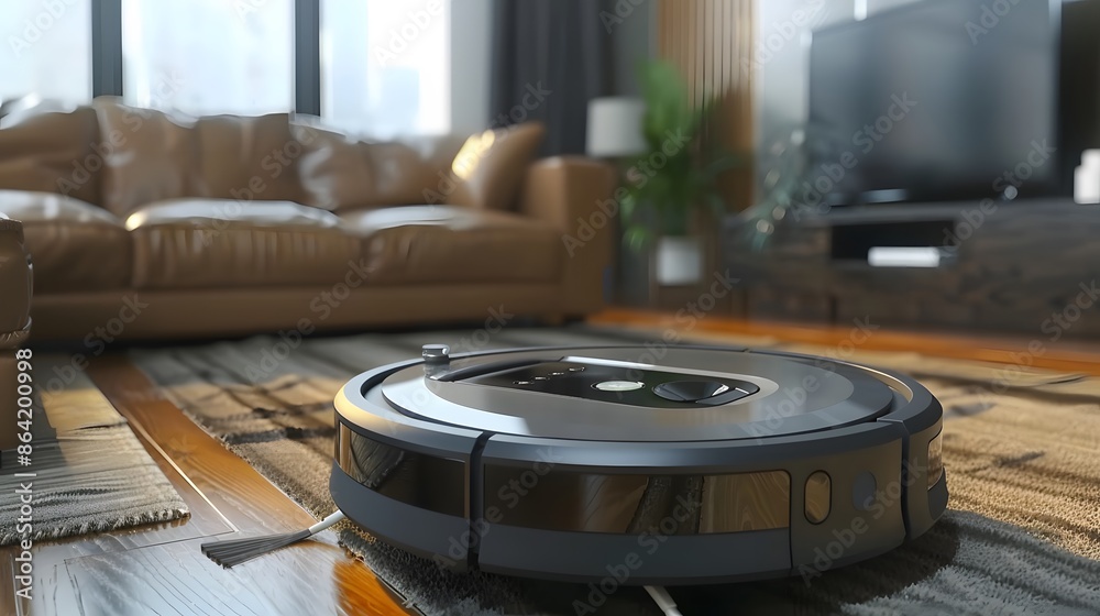 Modern robotic vacuum cleaner on a carpet in a cozy living room with a sofa and TV, reflecting smart home technology. Modern robotic vacuum cleaner on a carpet in a cozy living room with a sofa and TV, reflecting smart home technology.