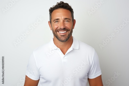 Portrait of a happy man in his 30s wearing a sporty polo shirt while standing against white background