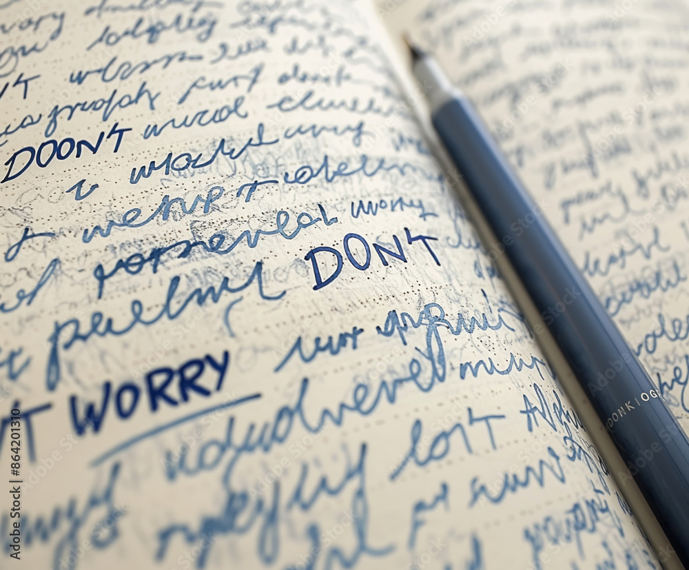 Notizbuchseite ist mit Text bedeckt, Text „Don't Worry“ Notizbuchseite ist mit Text bedeckt, Text „Don't Worry“