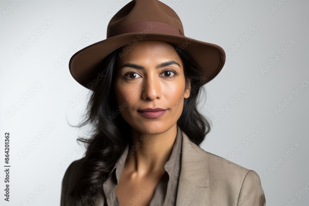 Portrait of a tender indian woman in her 40s donning a classic fedora in white background Portrait of a tender indian woman in her 40s donning a classic fedora in white background