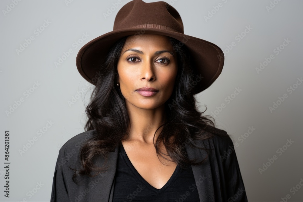 Portrait of a tender indian woman in her 40s donning a classic fedora isolated on white background Portrait of a tender indian woman in her 40s donning a classic fedora isolated on white background