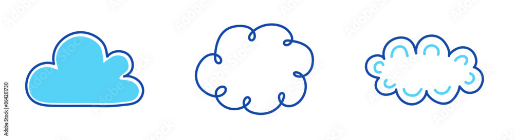 Set with hand drawn cloud icons. Cartoon style weather elements. Vector illustration. Set with hand drawn cloud icons. Cartoon style weather elements. Vector illustration.
