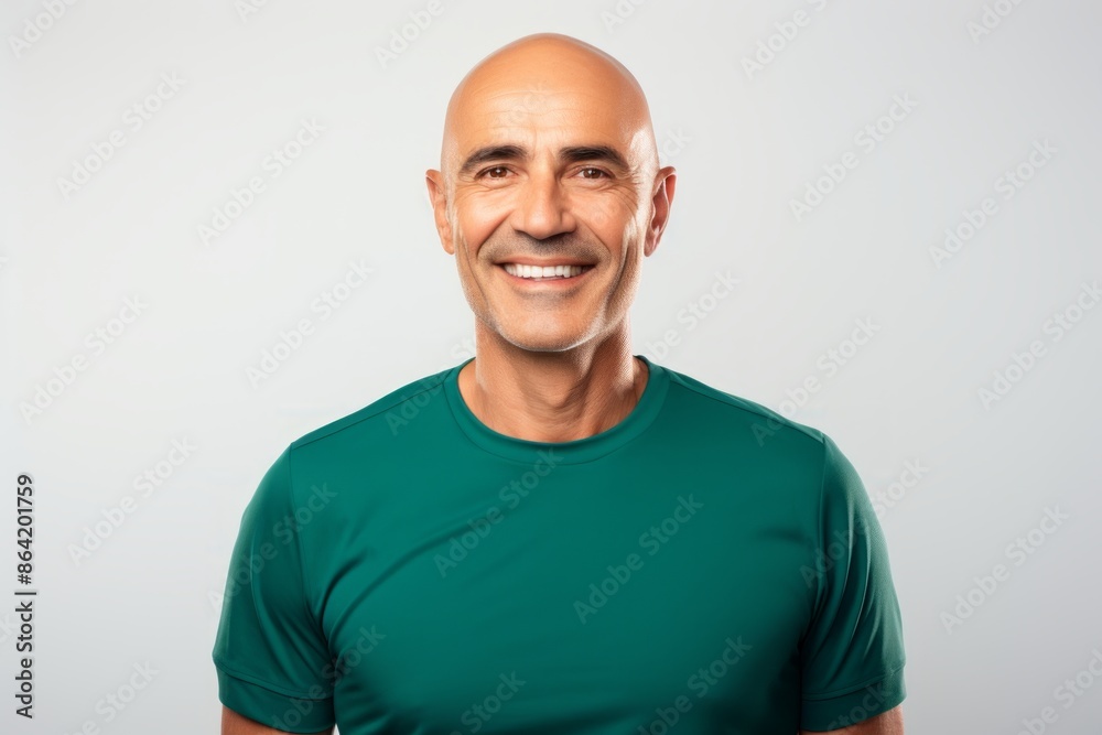 Portrait of a grinning man in his 40s sporting a breathable mesh jersey in front of white background Portrait of a grinning man in his 40s sporting a breathable mesh jersey in front of white background