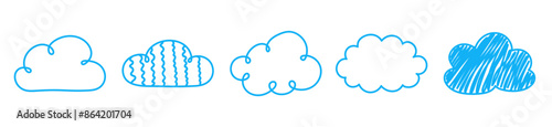 Set with hand drawn cloud icons. Cartoon style weather elements. Vector illustration