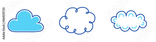 Set with hand drawn cloud icons. Cartoon style weather elements. Vector illustration.