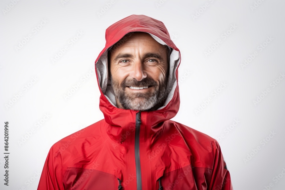 Fototapeta premium Portrait of a content man in his 40s wearing a windproof softshell on white background