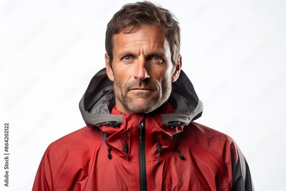 Portrait of a content man in his 40s wearing a windproof softshell while standing against white background Portrait of a content man in his 40s wearing a windproof softshell while standing against white background