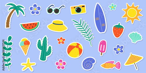 Set with colourful summer stickers. Holiday concept with icons. Vector illustration