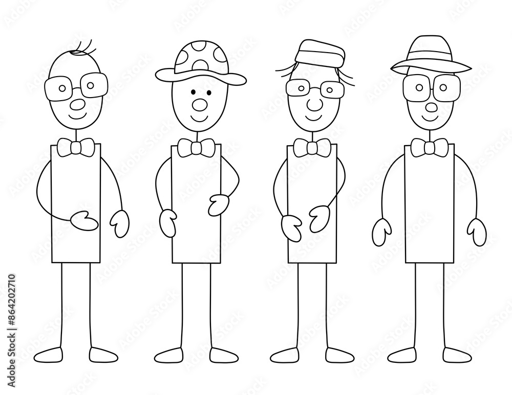 male stick figure drawing. funny cartoon design of 4 standing men male stick figure drawing. funny cartoon design of 4 standing men