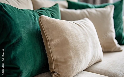 Close up of green velvet sofa with beige pillows