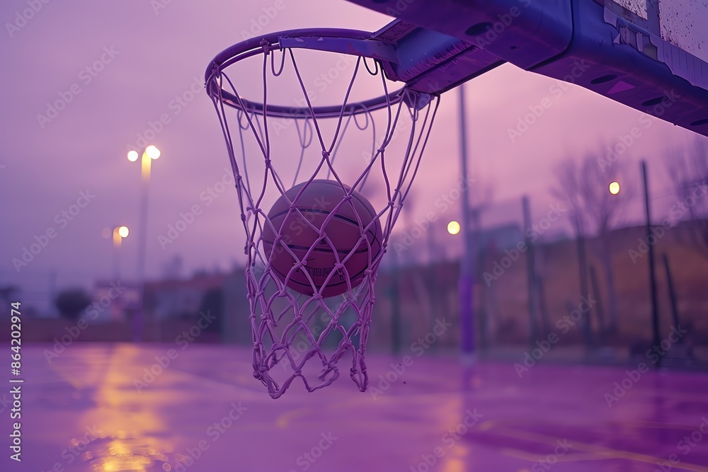 Close up on a basketball dunk, slow motion powerful shot, purple court in the background, natural lighting Close up on a basketball dunk, slow motion powerful shot, purple court in the background, natural lighting