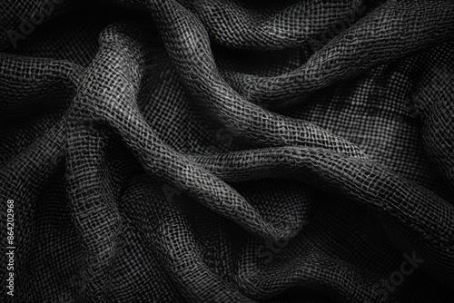 A close up of a black fabric with a pattern of squares. The fabric is made of a coarse material and has a rough texture photo