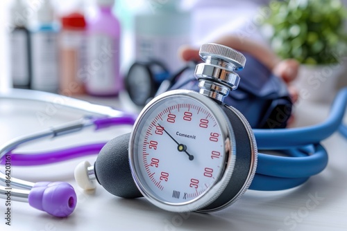 Close-up of a sphygmomanometer and stethoscope on a table with medical supplies in the background, symbolizing healthcare and diagnostics.