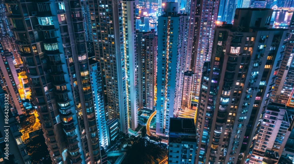 High-rise buildings at night with illuminated windows and busy streets below