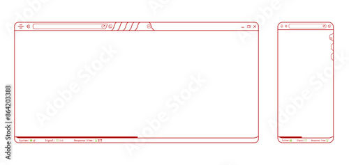 Red transparent internet browser phone app webpage, blank website template vector design. Editable lines web browser with icons illustration. Homepage mockup background illustration. 