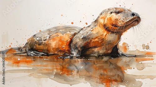 Watercolor Painting of Giant Otter. photo