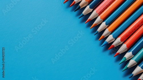 School themed colored pencils on blue backdrop