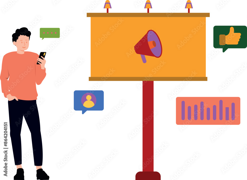 The boy is looking at the advertisement board. The boy is looking at the advertisement board.