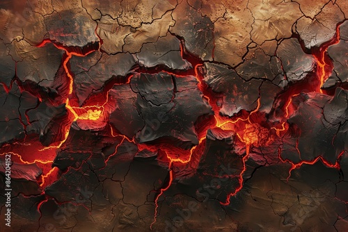 A cracked desert ground texture with sharpedged fissures, revealing a glimpse of underground lava in fiery red tones against a sandy backdropSpace for text photo