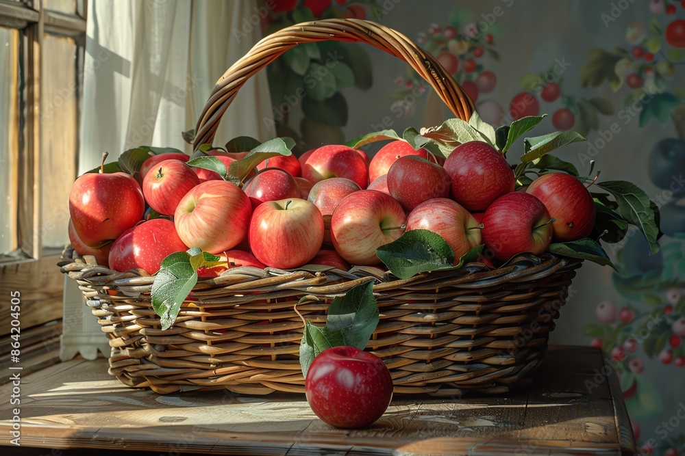 A rustic basket overflowing with vibrant red apples on a sunlit kitchen table A rustic basket overflowing with vibrant red apples on a sunlit kitchen table