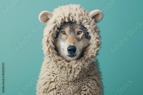 A wolf wearing a fluffy white sheep costume
