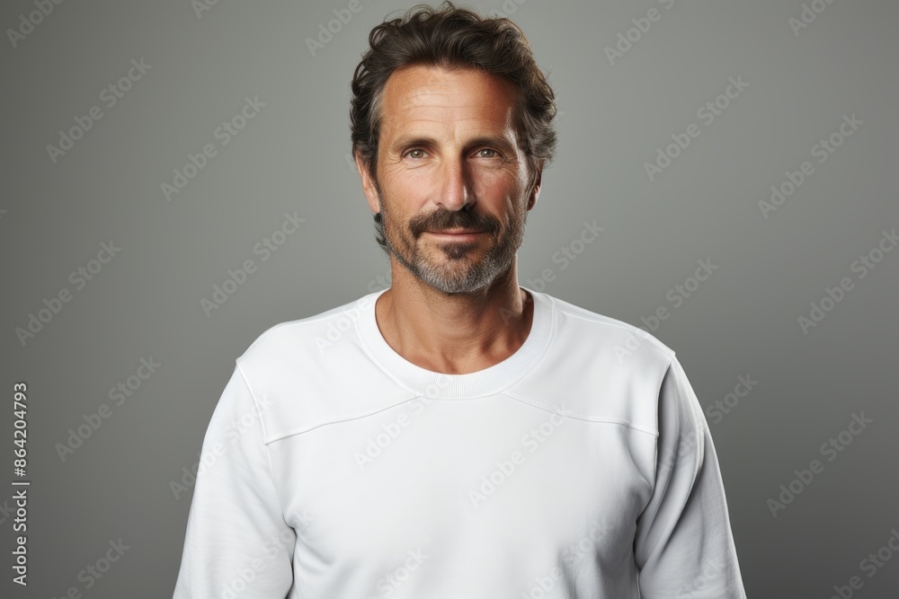 Portrait of a content man in his 40s sporting a long-sleeved thermal undershirt in front of white background Portrait of a content man in his 40s sporting a long-sleeved thermal undershirt in front of white background