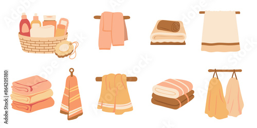 Bath towels vector illustrations set. Clean towels bundle isolated on white background. Domestic hygiene accessories, stacked rolled and hanging colorful hand towels. 