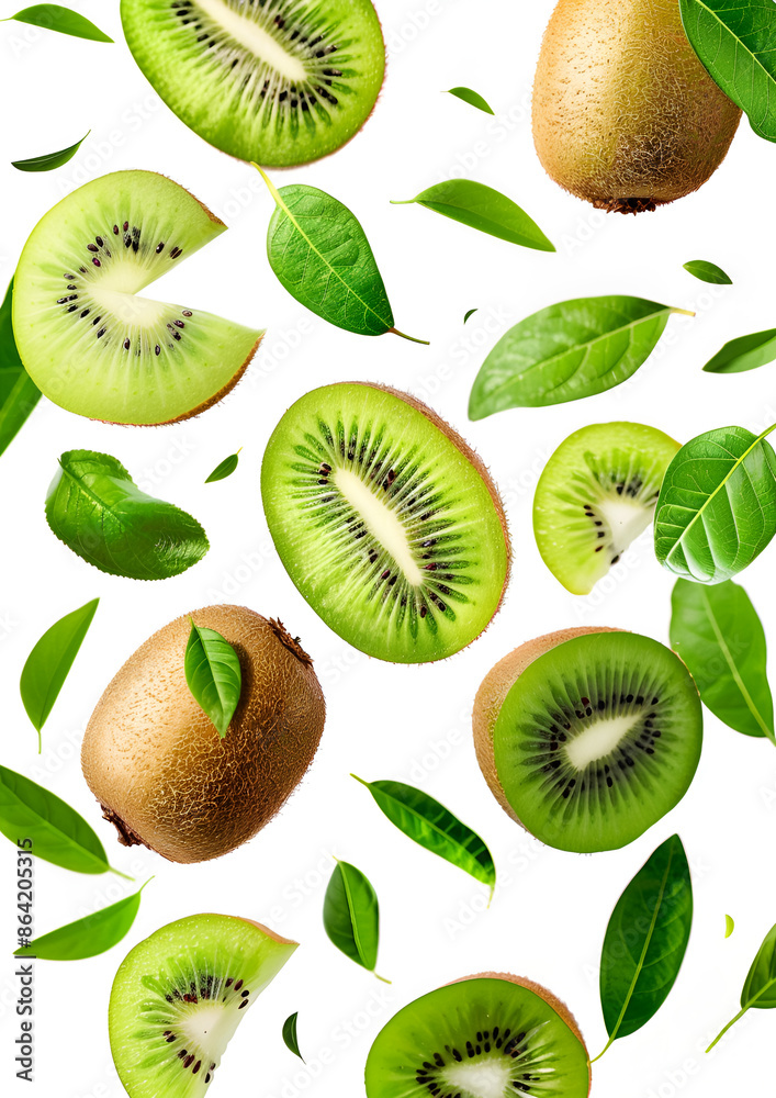 Fototapeta premium Kiwi fruit slice anf leaves levitating falling fly on white background