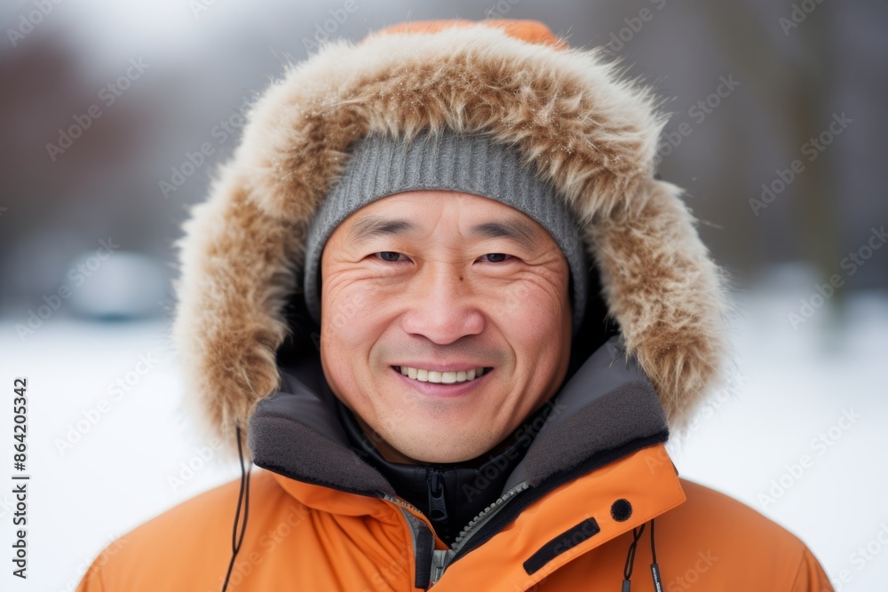 Portrait of a tender asian man in his 50s dressed in a warm ski hat in white background Portrait of a tender asian man in his 50s dressed in a warm ski hat in white background