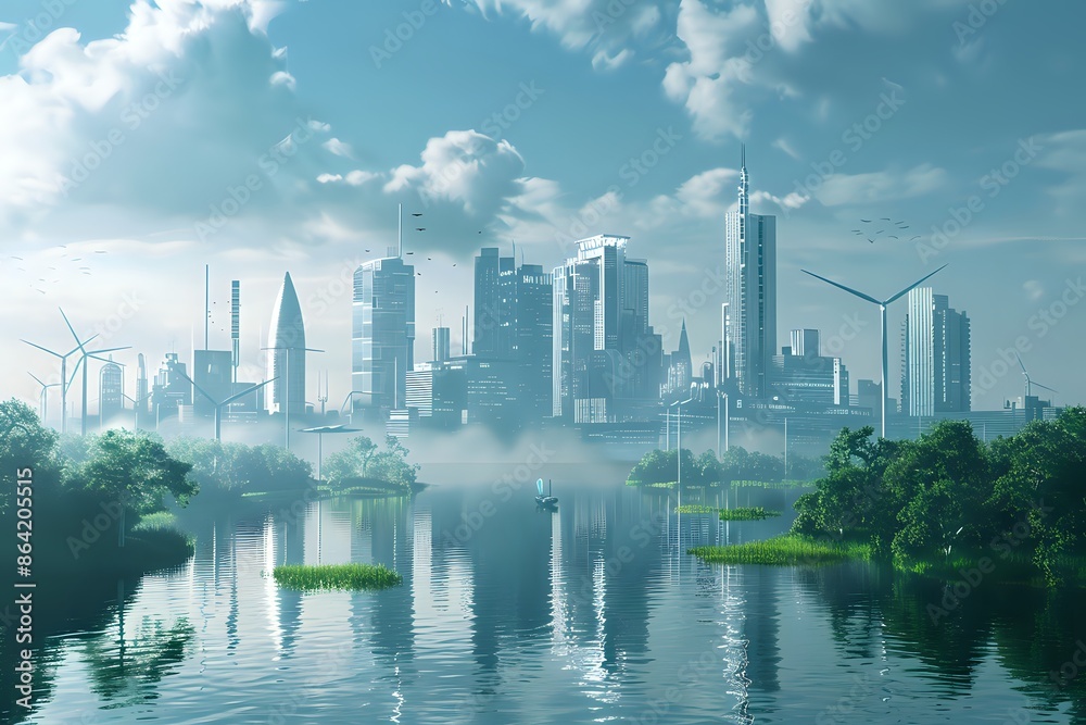 Obraz premium Futuristic Green Cityscape with Skyscrapers and Renewable Energy. A Vision of Sustainable Urban Living