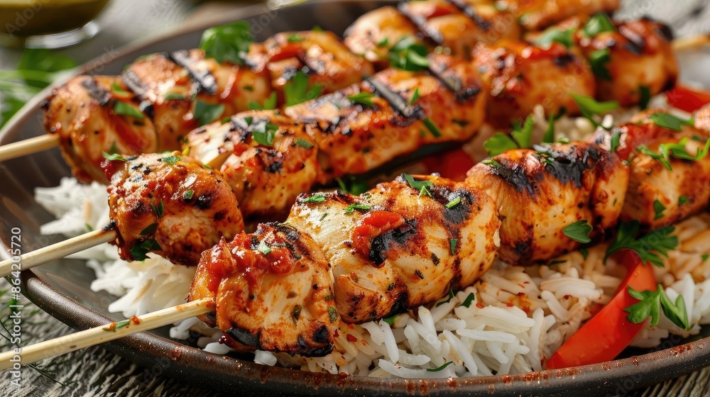 Delicious grilled chicken skewers served over a bed of rice with vegetables, garnished with fresh herbs, perfect for a flavorful meal. Delicious grilled chicken skewers served over a bed of rice with vegetables, garnished with fresh herbs, perfect for a flavorful meal.