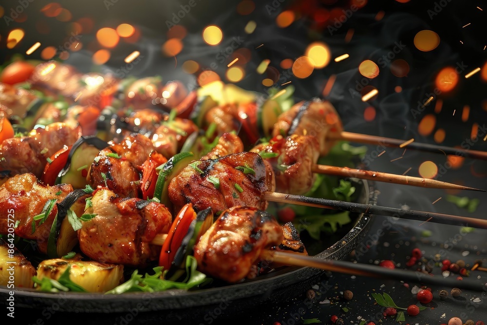 Delicious grilled chicken skewers with vegetables on a hot barbecue grill with sparks flying, ready for a delightful outdoor meal. Delicious grilled chicken skewers with vegetables on a hot barbecue grill with sparks flying, ready for a delightful outdoor meal.
