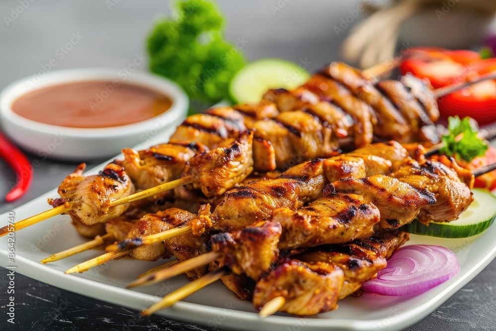 Delicious grilled chicken skewers served with fresh vegetables and dipping sauce, perfect for a summer barbecue or healthy meal option. Delicious grilled chicken skewers served with fresh vegetables and dipping sauce, perfect for a summer barbecue or healthy meal option.