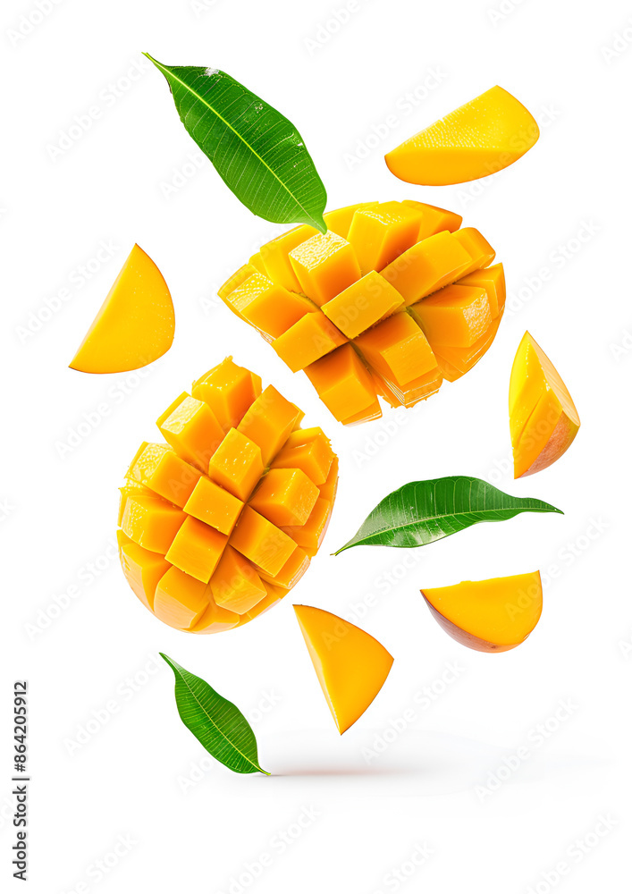 Delicious mango fruits and leaves falling on white background