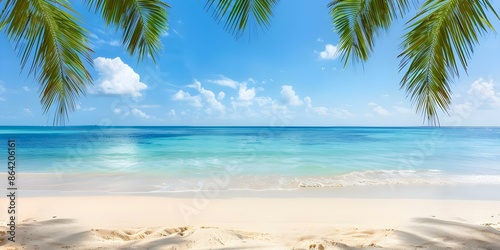 Blurred tropical beach with golden sand palm trees blue sea white clouds. Concept Beach Photography, Tropical Destinations, Nature, Tranquility, Ocean Views