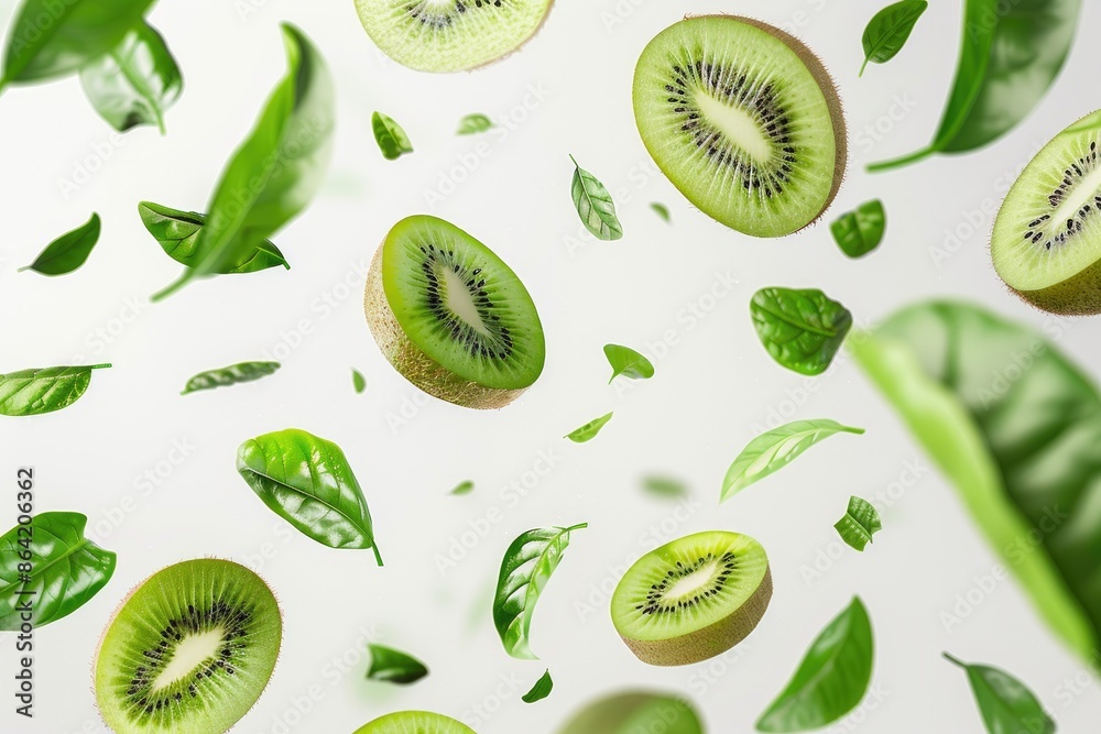 Fototapeta premium Flying kiwi slices with leaves on white background