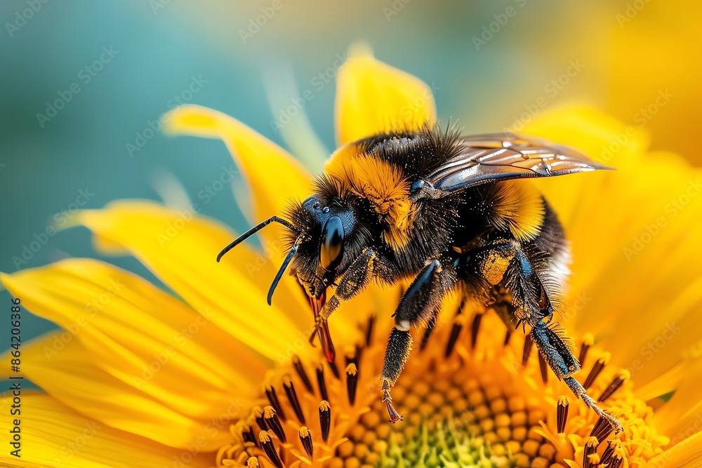 Hovering bumblebee near a blooming sunflower, midday sun, closeup view showcasing yellow petals and fuzzy bee, detailed macro shot, vibrant colors and natural beauty Hovering bumblebee near a blooming sunflower, midday sun, closeup view showcasing yellow petals and fuzzy bee, detailed macro shot, vibrant colors and natural beauty