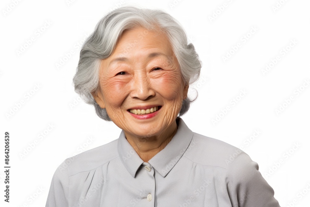 Portrait of a grinning asian elderly woman in her 90s donning a classy polo shirt in white background Portrait of a grinning asian elderly woman in her 90s donning a classy polo shirt in white background