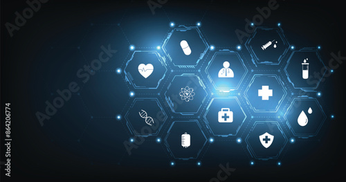 Health care concept.Medical technology network design.Icon medical network connection with modern on dark blue background.	