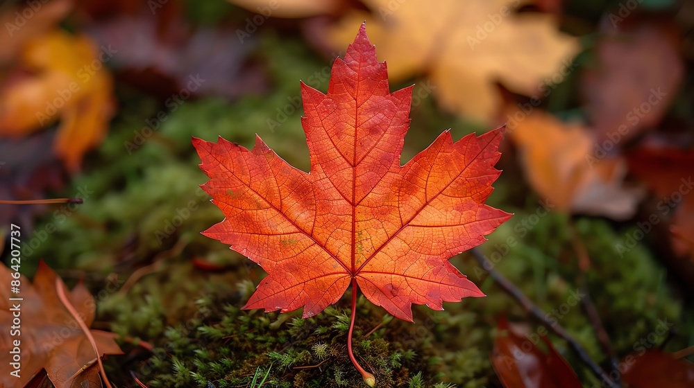 Detailed shot of a rustcolored maple leaf in early autumn, highlighting veins and subtle variations in shade against a forest floor carpeted with moss and fallen leaves Detailed shot of a rustcolored maple leaf in early autumn, highlighting veins and subtle variations in shade against a forest floor carpeted with moss and fallen leaves