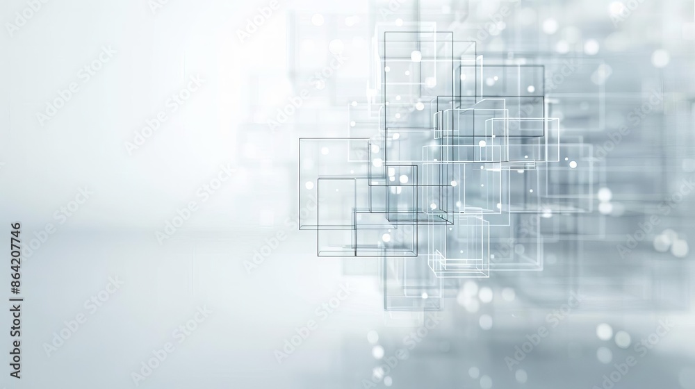 Abstract digital background with interconnected transparent cubes and light bokeh effect, representing modern technology and data networks.
